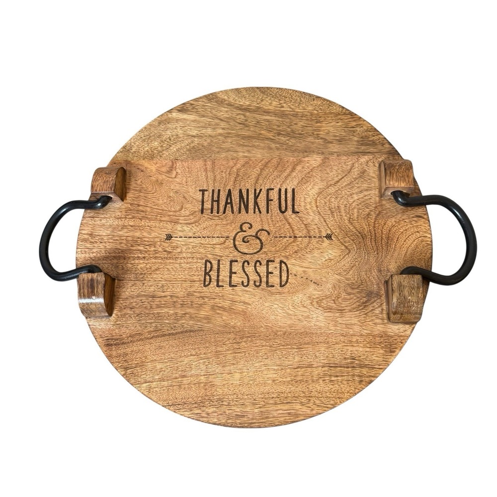 Thirty-One Close To Home Wood Serving Tray Iron Handles Thankful & Blessed‎ 14"